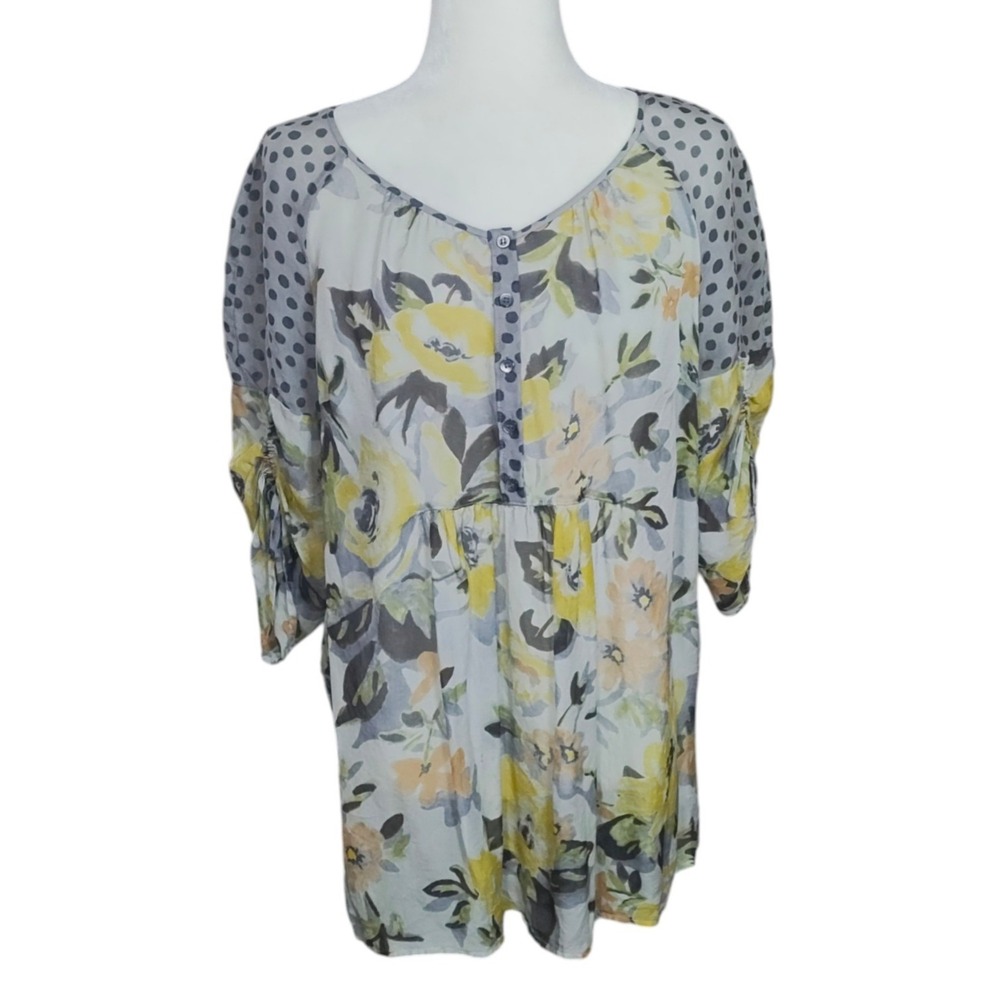 Edme & Esyllte x Anthropologie 100% Silk‎ Blouse Gray Mixed Print Cottagecore 10